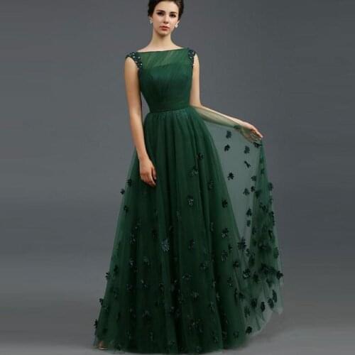 Tanpell Stunning Evening Dress Bateau Neckline Beading Appliques Flowers Women Party Gown Floor Length A-Line Long Evening Dress
