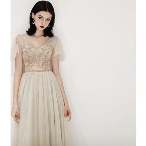 A Line Evening Dress 2019 Spring New Fashion Short Sleeve Sexy V-neck Beaded with Sashes Prom Party Dresses Haute Couture