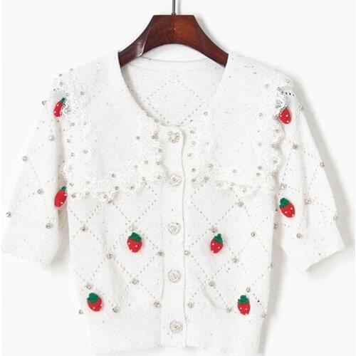 3D Strawberry Crystal Beaded Hollow Out Knit Shirts Women 2021 Summer Ladies Crop Tops Lace Lapel Collar Sleeve Button Up Shirts