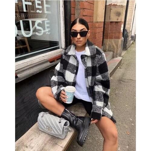 Jacket styles spring and winter womens plaid black and white tweed thick plaid coat womens new style blouse outer jacket