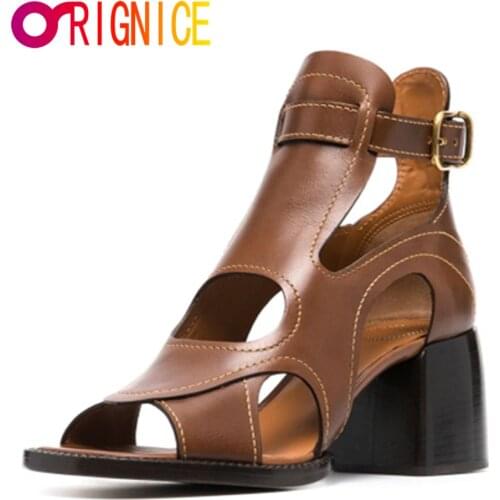 Orignice Fashion Vintage Breathable Hollow Out Sandals Women Chunky Heels Square Toe High Quality Buckle Strap Shoes Big Size