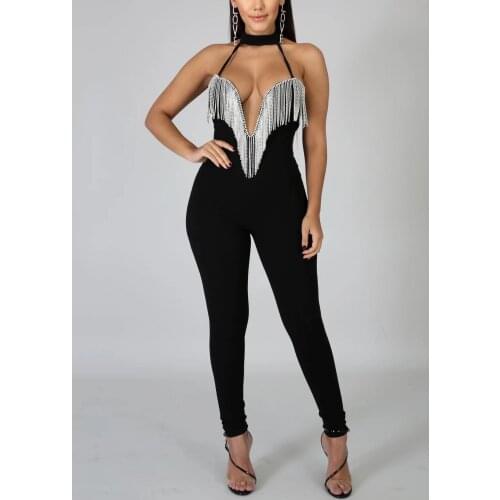 Sexy Tassel Jumpsuits For Women 2020 Party Elegant Halter Hollow Out Backless Bodycon High Waist Solid Evening Club Rompers Hot