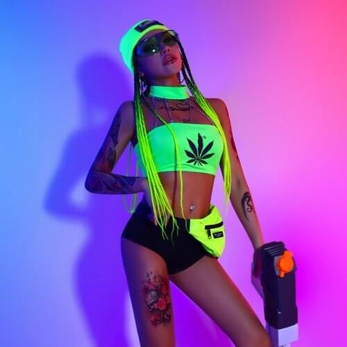 2021 Pole Dance Clothing For Women Sexy Bikini Sets Fluorescent Green Suit Nightclub Bar Ds Costumes Street Dance Wear DQS6732