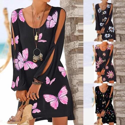 Openwork Long Sleeve Dress Womens Mini Dress Elegent Sexy Butterfly Print Summer Boho Bech Party Loose Dresses vestidos 2021