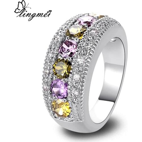 Lingmei New Peridot Purple White CZ Silver ColorRing Size 6-12 13 Romantic Love Style Jewelry Women Rings Wholesale