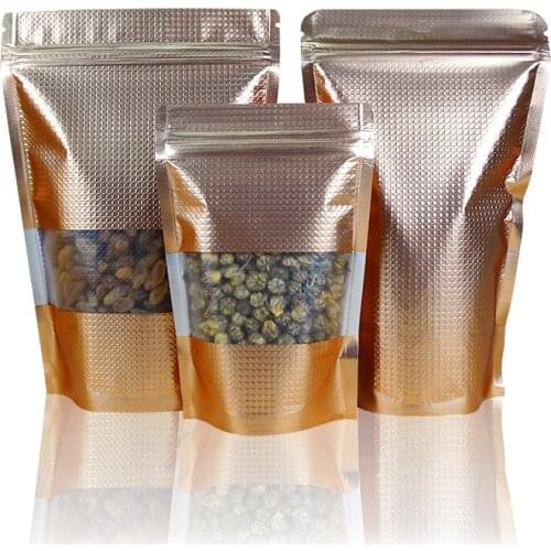 100Pcs/lot large Stand up Copper Gold Aluminum Foil Zip Lock Bag with Window, Plastic Packaging Pouch for Food Tea Candy Cookie