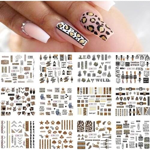 12pcs Leopard Nail Sticker Sexy Wild Animal Water Decal Letters Geometric Unicorn Flamingo Flower Cartoon Decore SABN1573-1584