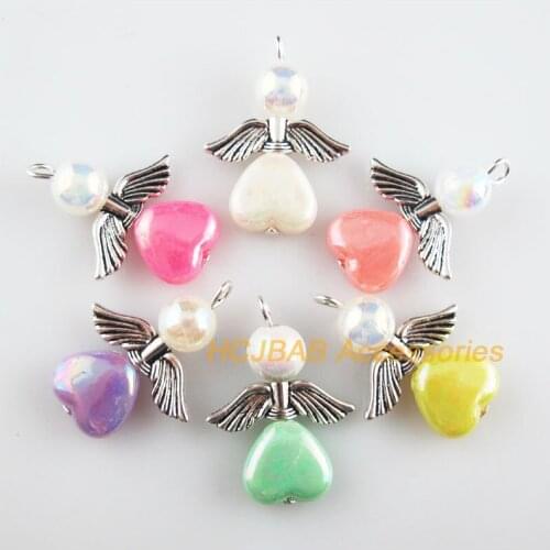 18 New Angel Charms Tibetan Silver Tone Mixed Acrylic Heart Pendants 20.5x28mm