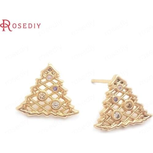 38423-G)6PCS Height 11MM 24K Gold Color Brass and Zircon Christmas Tree Stud Earrings Pins Earrings Jewelry Making Supplies