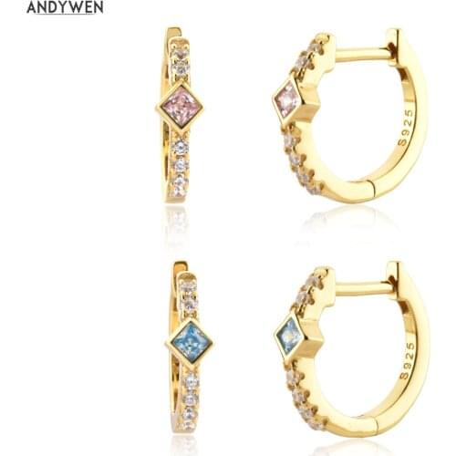 ANDYWEN New 925 Sterling Silver Gold 9.5mm Square Shape Huggies Colorful Piercing Rock Punk Clips Colorful Wedding Jewelry