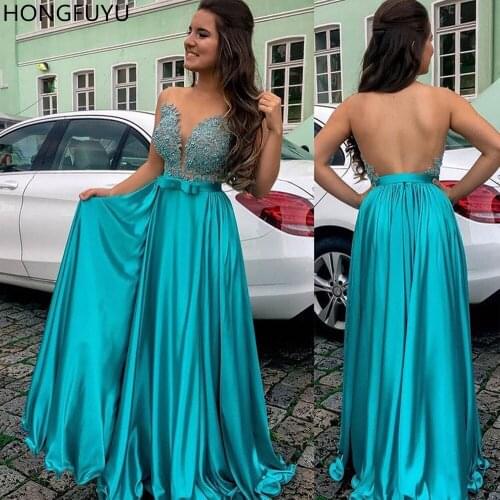 HONGFUYU Turquoise Long Prom Dresses Satin V-neck Beaded Backless Evening Gowns Sexy Party Dress vestido de festa gala largo