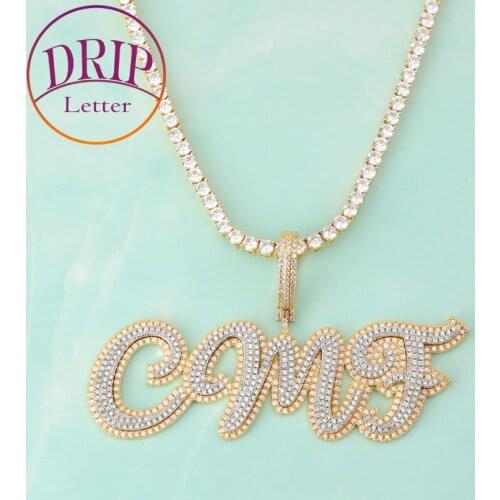 Double Color Custom Name Cursive Letters Pendant Bling Bling Stone Hip Hop Street Rock Jewelry