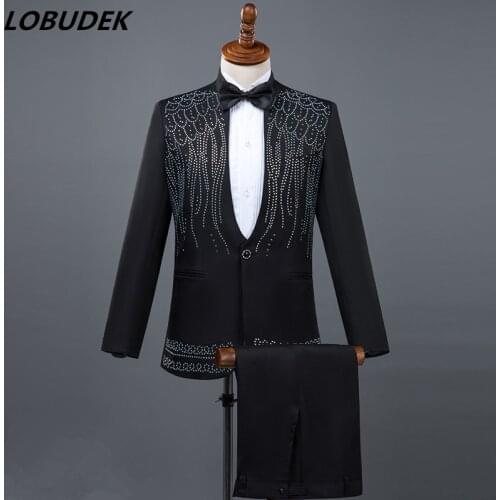 Black White Full Rhinestones Men Suits Formal suit Stage Outift Host singer Chorus Master for Wedding Host performance Costume