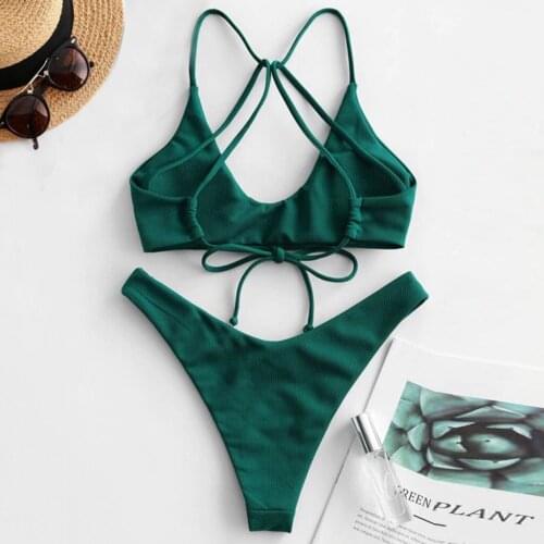 Lace-up Thong Bikini 2021 Criss-cross Swimwear Women High Swimsuit Peacock Blue Straps Low Waist Bikini Femenino Bathing Suit