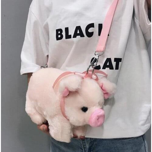 Cute Fluffy Pink Pig Bag Women Cartoon Pig Sling Bag Fluffy Animal Crossbody Bag Shoulder Bag Fur Soft Strip Bag Plush back pack