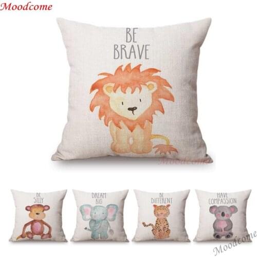 Cute Watercolor Animals Letter Print Kids' Children Room Decoration Cushion Cover Pretty Lovely Cartoon Baby Animal Throw Pillow