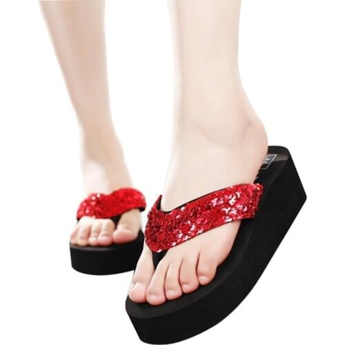 Cool in the summer of fashion slippers high platform with sponge antiskid slippers with sequins wedges beach flip-flops