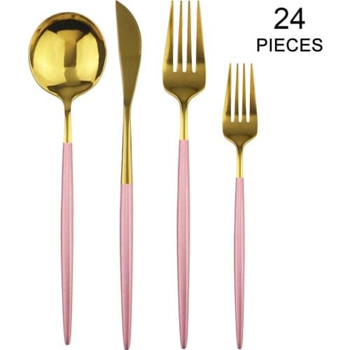 24Pcs Pink Gold Cutlery Set 304 Stainless Stee Dinnerware Set Mirror Dessert Fork Silverware Flatware Set Kitchen Tableware
