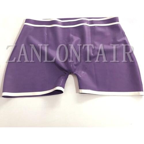 New sexy exotic lingerie male men handmade purple spliced white trim latex boxer pants undershorts underwear cekc zentai fetish