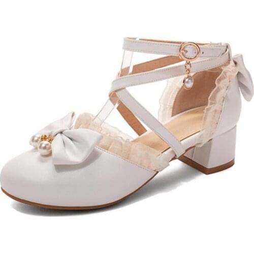 High-heeled Sandals Female Lolita Little Girl Pink Sweet Princess Shoes Round Head Japanese Pearl Cosplay Thick With Large Size