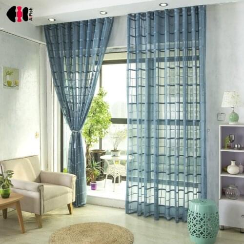 Blue Castille Farmhouse Plaid Sheer Curtains for Living Room Kitchen Door Elegant Easy Matching Window Treatment Panels M079C