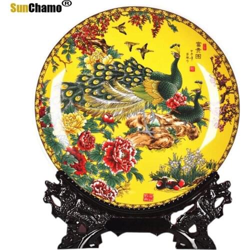 Modern Home Decor Ceramic Ornamental Plate Peacock Chinese Decoration Lovely Scenery Plate Set Setting Wall