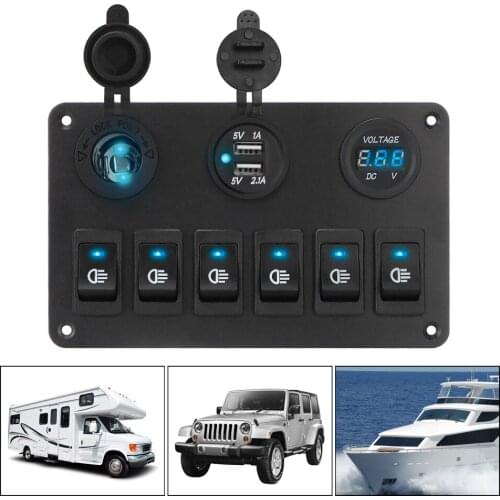 LED Digital Voltmeter Car Marine Circuit Breaker DC 12V/24V Waterproof 6 Gang Rocker Switch Panel Dual USB Ports ON/OFF Lights