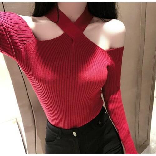 Women Crossed Halter Collar Knitted Off-shoulder Sweater Pullover Girls Knitting Stretchy Sweaters Pullovers Tops Female
