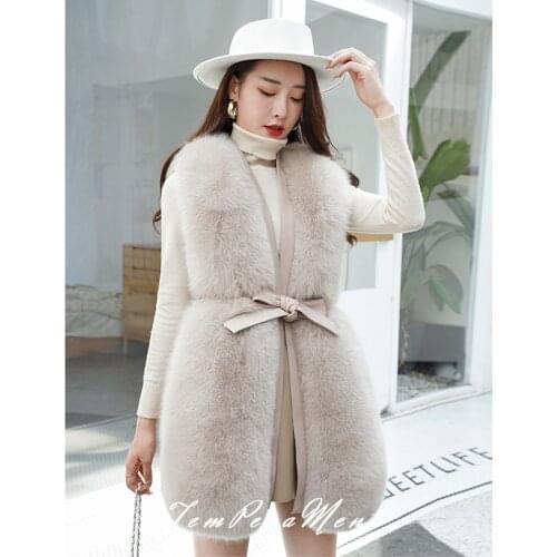 Fashion Street Style Women Ladys Long Full Pelt Fox Fur Waistcoat Sleeveless Genuine Sheepskin Leather Real Fox Fur Gilet