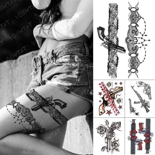 Waterproof Temporary Tattoo Sticker Sexy Lace Rose Tattoos Crown Ribbon Gun Body Art Arm Fake Tatoo Women Men
