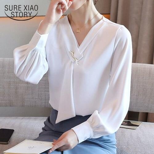 Korean Tops Plus Size V Neck Blouse Women 2021 Autumn Lantern Long Sleeve Chiffon Shirt Solid Office Lady Pullovers New 11081
