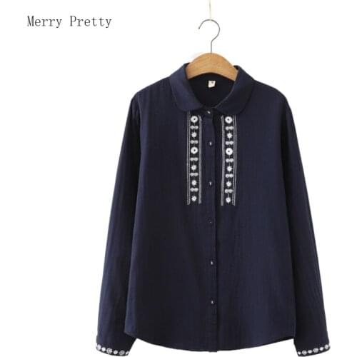 Floral Embroidery Chic Single Breasted Casual Women Cotton Shirts 2021 Summer Vintage Full Sleeve Turndown Collar Ladies Top