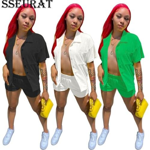SSEURAT Women Solid Button Shirt Top and Shorts Outfits Office Lady Loungewear Matching Sets