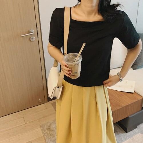 2021 Womens Black Simple Square Neck Top T-shirt Y2K Za Woman T Shirt Short Sleeve Clothing Blouses Urban Vintage Tee Summer