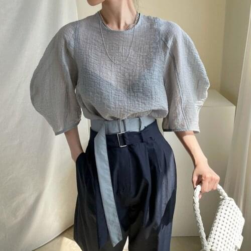 Blusas Casual Slightly See-through Base Women Blouse Loose Lantern Sleeve Chiffon Shirts Sexy Summer Pleated Tops White 15550