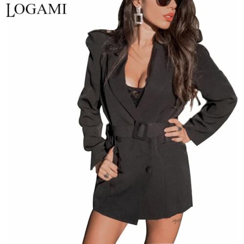 LOGAMI Puff Sleeve Black Color Blazer Women Double Breasted Female V Neck Button Elegant Long Coat Jacket Outwear