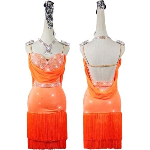 New Latin Dance Dress Women Orange Dance Dress Latin Skirt Tango Practice Wear Competition Performance Latin Dress
