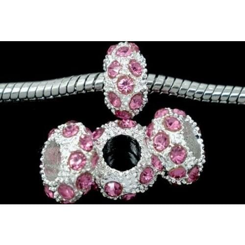100pcs Silver Plated Pink Rhinestone Spacers Beads Fit Charm Bracelets 10x6mm
