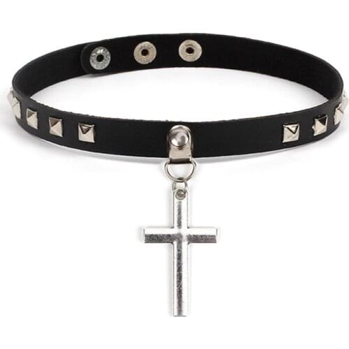 2019 Harajuku Spike Choker Gothic PU Leather Cross Necklace Maxi Women Collar Anime Necklace Rock Goth Chocker Statement Jewelry