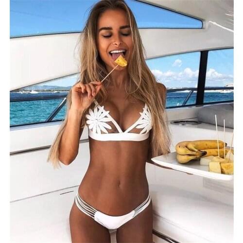 2019 Sexy White Mesh Embroidered Flower Strappy Biquini Micro Bathing Suit Swimsuit Thong Swimwear Women Brazilian Bikini SA-8