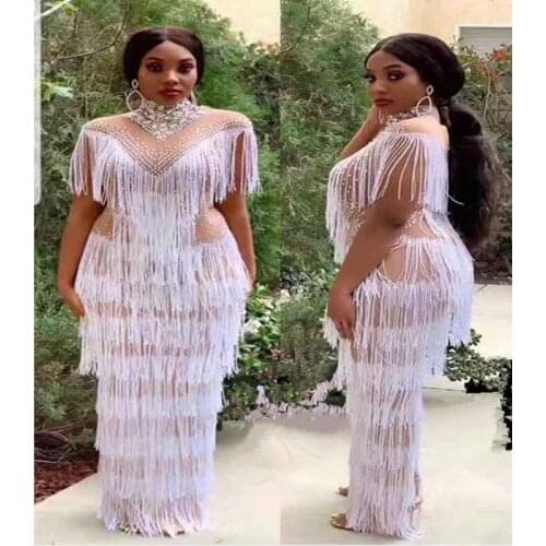 Shining Rhinestone White Fringes Perspective Long Dress Sexy Women Birthday Celebration Prom Party Dress Singer Stage Wear