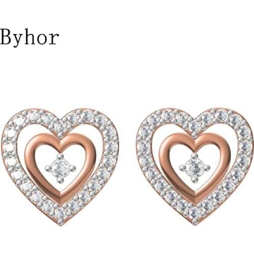 Byhor Solid 14K White/Yellow+White/Rose+White Gold 0.245ct H/SI Natural Diamond Fine Jewelry Wedding Heart Stud Earrings Cерьги