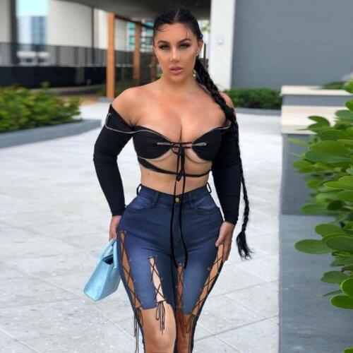 Hollow Out Bandage Stretchy High Waist Back Ankle Length Pencil Denim Pants Women Knee Length Mom Jeans Casual Trousers Summer