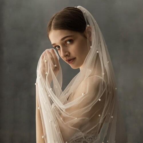 Women Wedding Bridal Chapel Veil with Comb One Beaded Elegant Luxury Lady Tulle Veil Long Headpiece Soft Wedding Accessory Ivory