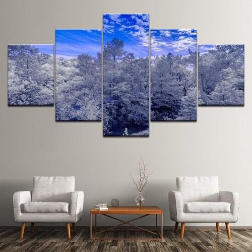 Canvas Painting White trees forest with blue sky landscape 5 Pieces Modular Wallpapers Poster Print for living room home Decor