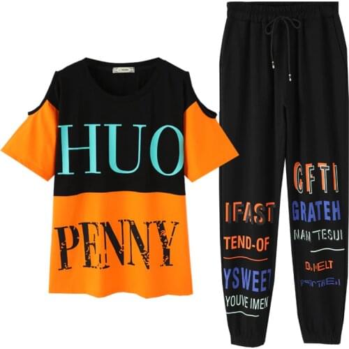 2020 Korean Fashion Women Clothes Tracksuit Two Piece Set Women Casual Sportswear Suit O-neck Printing T shirt+Sweatpants Summer