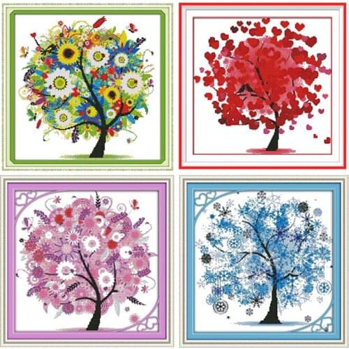 Joy Sunday Happy tree DIY needlework crafts 11CT 14CT scenery printed pattern Cross Stitch kit counted on canvas Embroidery sets