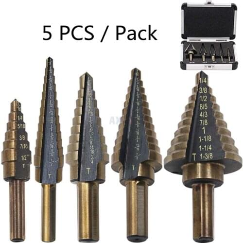 AXK 5pcs/Set HSS COBALT MULTIPLE HOLE 50 Sizes STEP DRILL BIT SET With Aluminum Case Arrival Inch Step Steel Plate Punch Bits