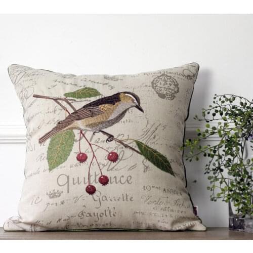 Cotton and Linen High-end Embroidery Blue Brown Bird Sofa Cushion Decorative Pillows Linen Pillow Cover Living Room Home Decor