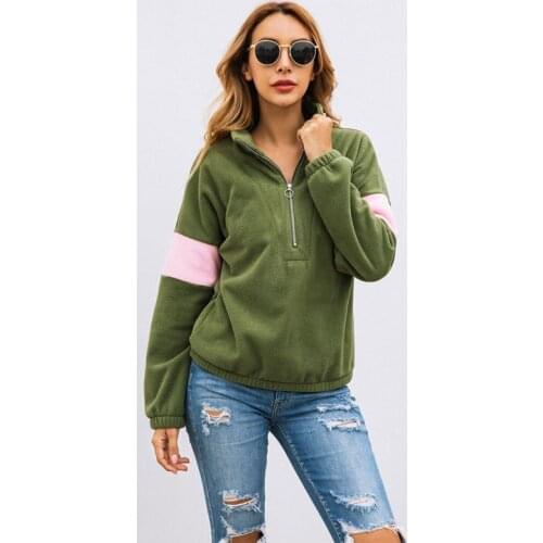 Women Sweatshirt Autumn Constrast Color Lapel Long Sleeve Pullovers Zipper Casual Warm Loose Pullovers Top